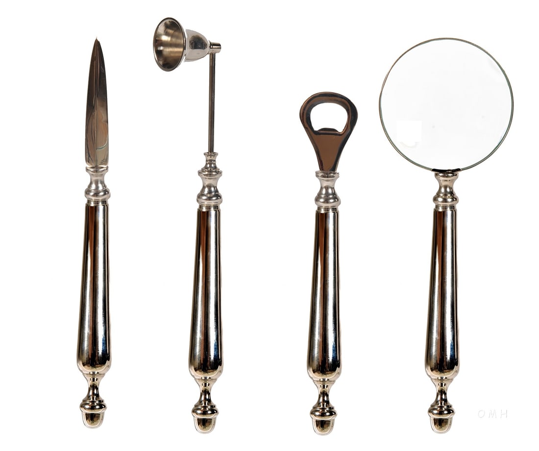 Handcrafted Metal Office Accessory Set of 4 Instruments: Handcrafted Metal Office Accessory Set of 4 Instruments This handcrafted metal instrument set includes four essential office accessories: a magnifier, letter opener, bottle opener, and candle snuffer.