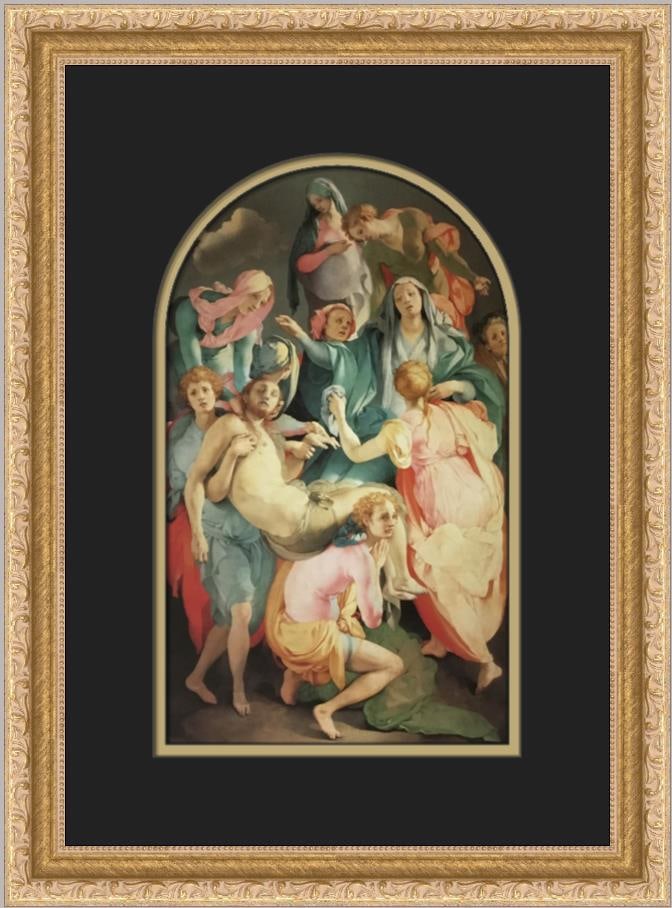 Pontoroma Entombment Custom Framed Print in Gold Ornate Frame: Pontoroma Entombment Custom Framed Print in Gold Ornate Frame This exquisite custom framed print titled "Entombment" features artwork by Pontoroma, showcasing a blend of Impressionism and Realism. Mea