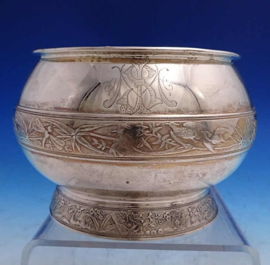 Sterling Silver Waste Bowl Japanese Pattern by Gorham 3 Inch x 4 5/8 Inch: Sterling Silver Waste Bowl Japanese Pattern by Gorham 3 Inch x 4 5/8 Inch This exceptional Gorham sterling silver waste bowl from the Japanese pattern features detailed designs of birds, foliage, drag