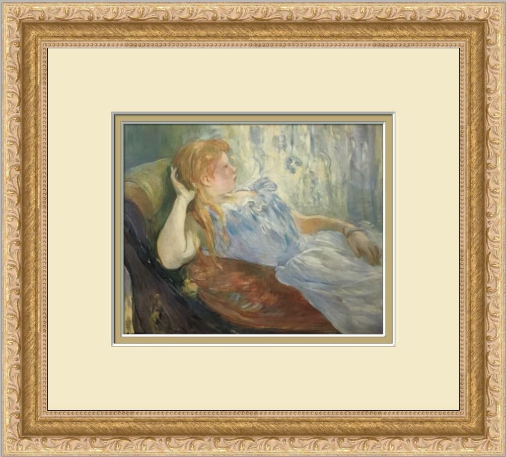 Berthe Morisot Young Girl Reclining Custom Framed Offset Lithograph Print: Berthe Morisot Young Girl Reclining Custom Framed Offset Lithograph Print This exquisite custom framed print features Berthe Morisot's captivating artwork titled "Young Girl Reclining." The piece show
