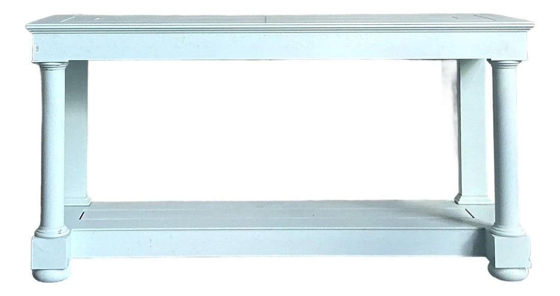 Cast Aluminum Spotswood Console Table by McKinnon and Harris in White: Cast Aluminum Spotswood Console Table by McKinnon and Harris in White This vintage McKinnon and Harris "Spotswood" sideboard showcases enduring American craftsmanship with its substantial cast aluminu