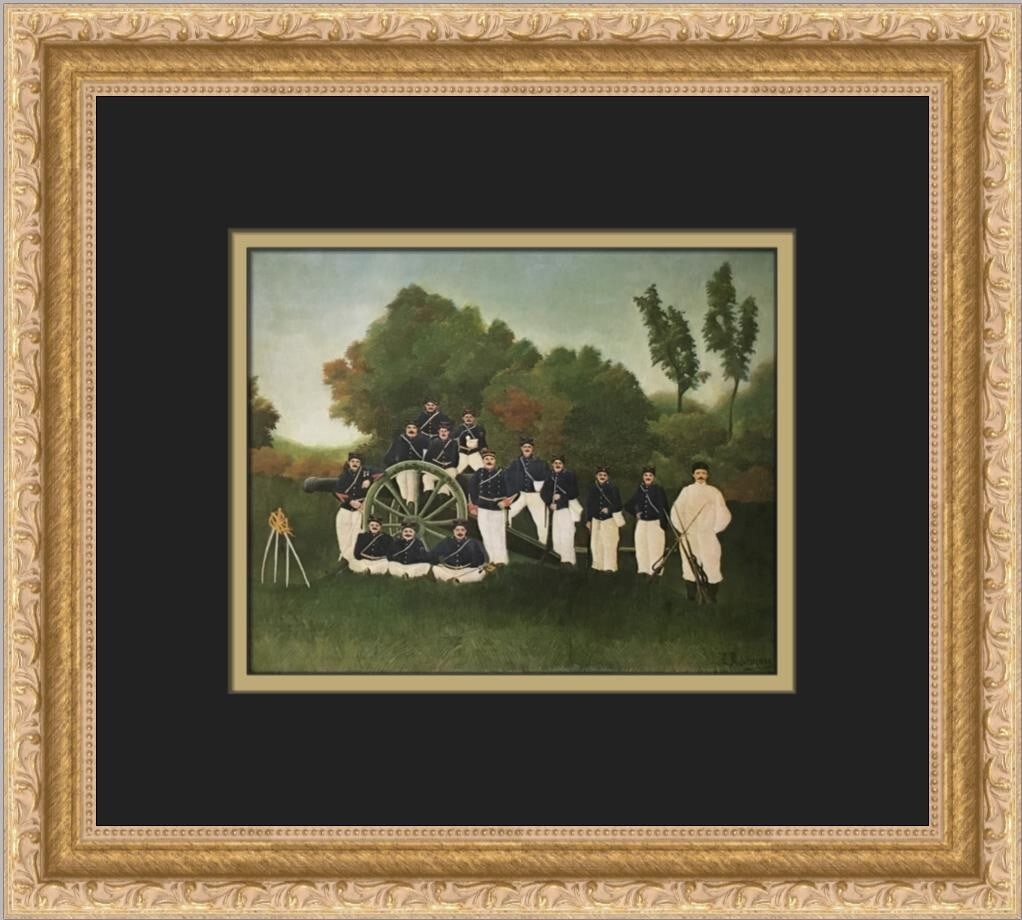 Henri Rousseau The Gunners Custom Framed Print Post-Impressionism Art: Henri Rousseau The Gunners Custom Framed Print Post-Impressionism Art This stunning custom framed print features the artwork 'The Gunners' by the renowned artist Henri Rousseau. Measuring 12 in. x 13