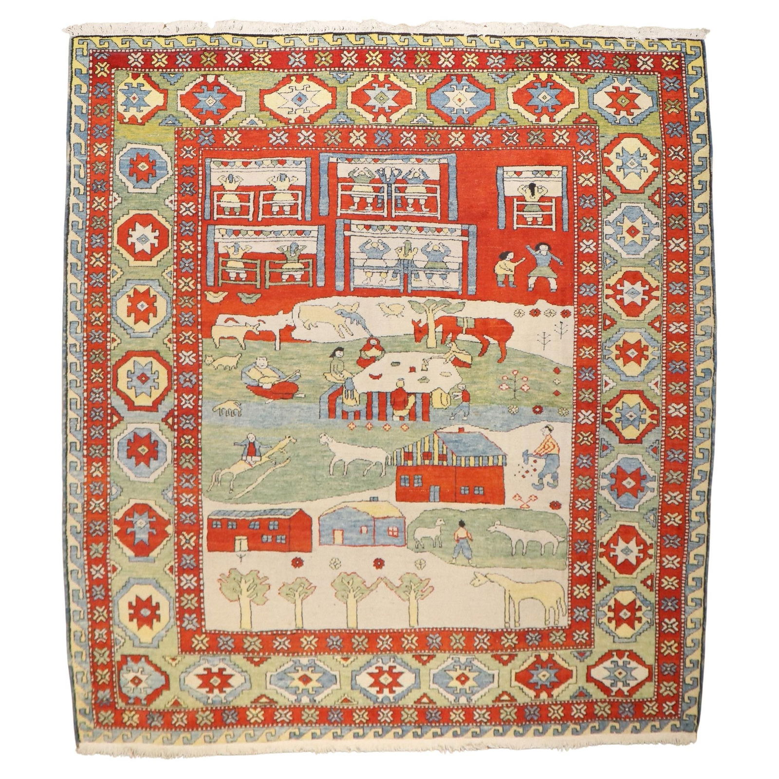 Vintage Turkish Azari Scenic Folk Art Rug 102 x 126: Vintage Turkish Azari Scenic Folk Art Rug 102 x 126 Discover the exquisite beauty of this vintage Turkish Azari animal scenic rug, a stunning piece that showcases the folk art style. Hand-woven from h