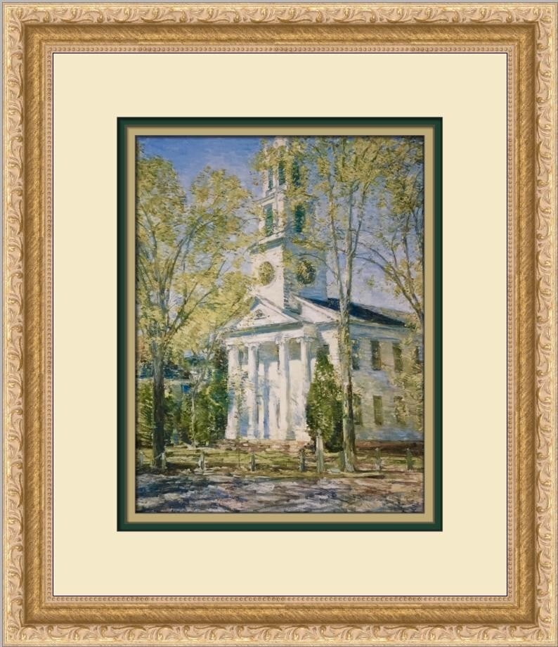 Childe Hassam Church in Old Lyme Spring Custom Framed Print 14x13: Childe Hassam Church in Old Lyme Spring Custom Framed Print 14x13 This beautiful custom framed print titled "Church in Old Lyme in Spring" by renowned artist Childe Hassam showcases the Impressionism
