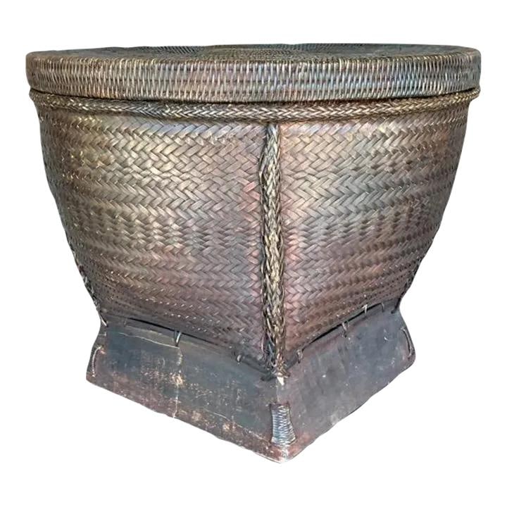 Vintage Boho Rattan Lidded Basket Gray 22.75x22.75x18.25: Vintage Boho Rattan Lidded Basket Gray 22.75x22.75x18.25 Enhance your home decor with this vintage boho woven rattan lidded basket. Artfully handwoven, this basket combines earthy textures with practi