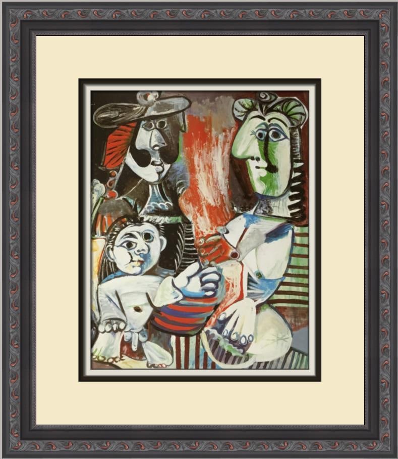 Pablo Picasso The Family Custom Framed Print 16x14 Offset Lithograph: Pablo Picasso The Family Custom Framed Print 16x14 Offset Lithograph This custom framed print titled "The Family" by Pablo Picasso features a captivating blend of abstract cubism, impressionism, and