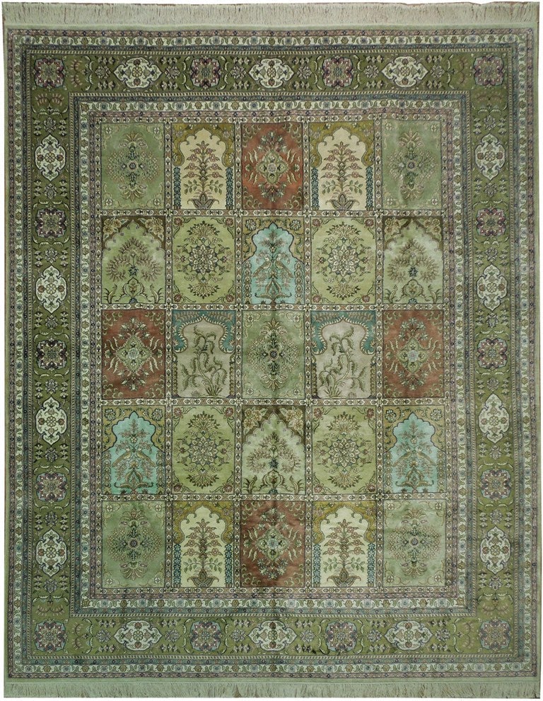 8.3 x 10.2 Handmade Silk Baktiar Box Pattern Rug Green Multi Color: 8.3 x 10.2 Handmade Silk Baktiar Box Pattern Rug Green Multi Color Free continental US Shipping This exquisite handmade silk rug features a captivating Baktiar box pattern in a vibrant green and multi