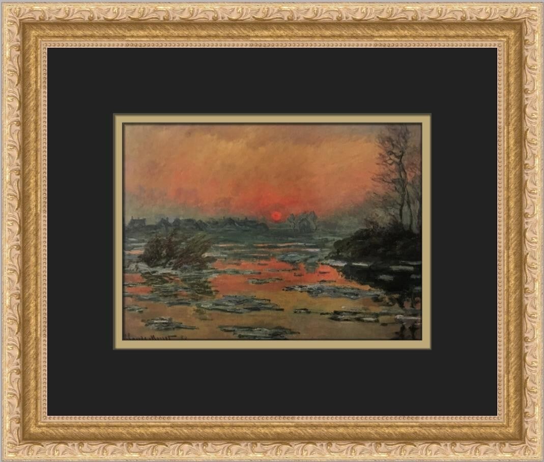 Claude Monet Sunset on the Seine Custom Framed Print 14x12: Claude Monet Sunset on the Seine Custom Framed Print 14x12 This exquisite custom framed print features Claude Monet's renowned artwork "Sunset on the Seine in Winter." The print, produced using offset