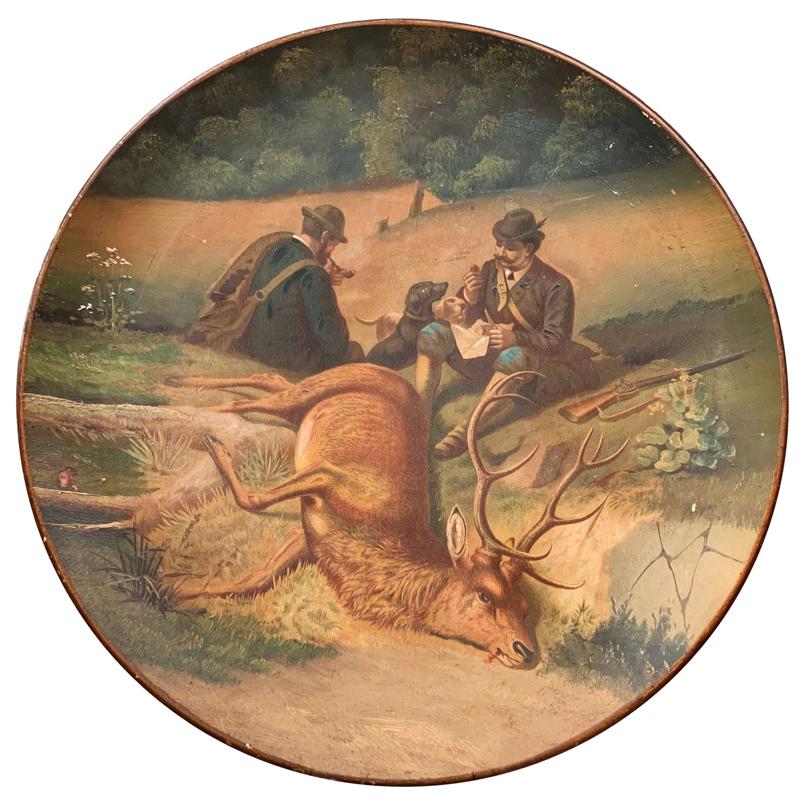 Vintage German Hand-Painted Ceramic Hunt Scene Platter 15.25 inch: Vintage German Hand-Painted Ceramic Hunt Scene Platter 15.25 inch This exquisite early 20th century German hand-painted ceramic wall platter showcases a captivating Black Forest hunt scene. Crafted ci
