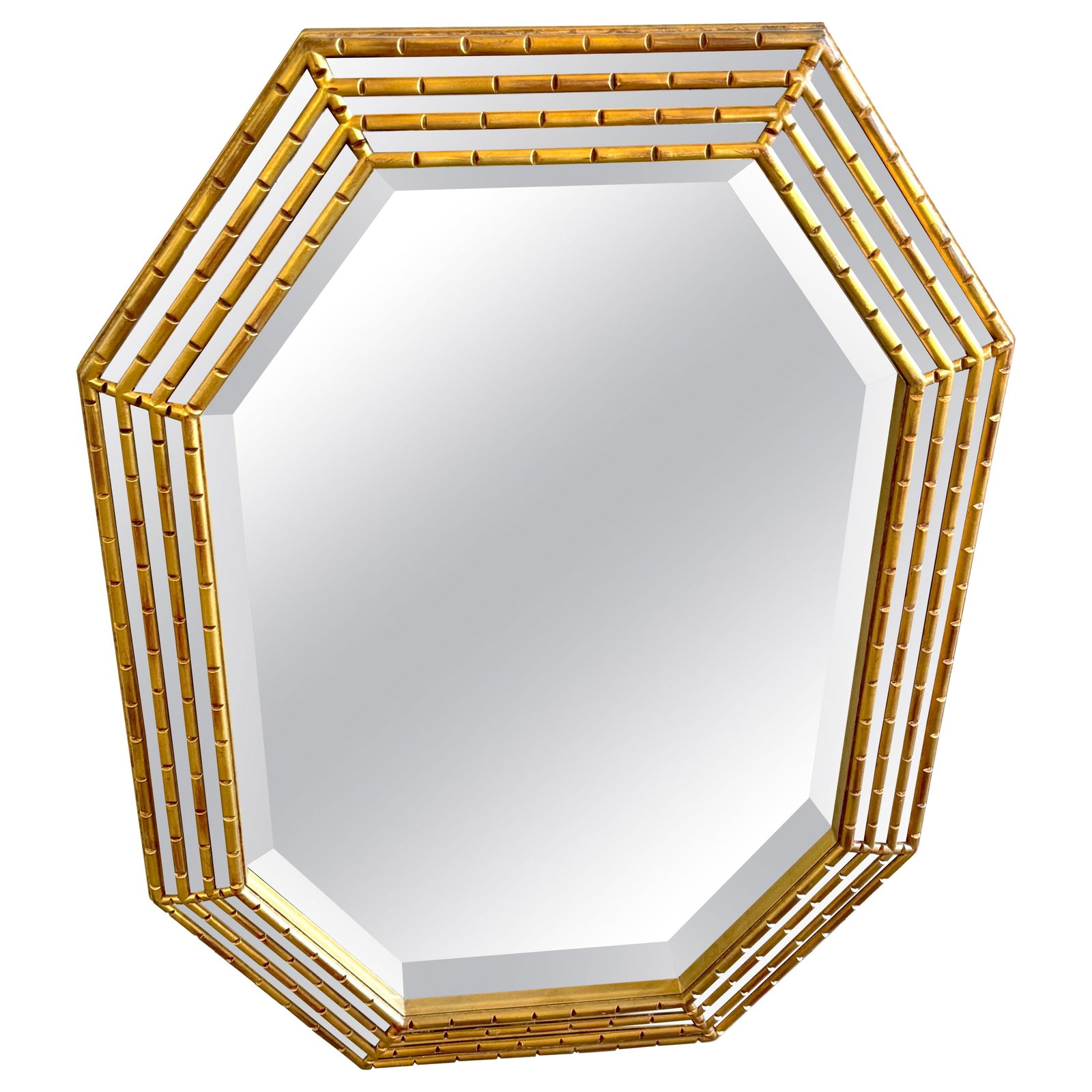 Gilt Faux Bamboo Triple-Tiered Octagonal Beveled Mirror 41 x 28 Inch: Gilt Faux Bamboo Triple-Tiered Octagonal Beveled Mirror 41 x 28 Inch This Mid-Century Modern mirror features a striking octagonal geometric frame crafted in gilt-lacquered faux bamboo with a triple-ti