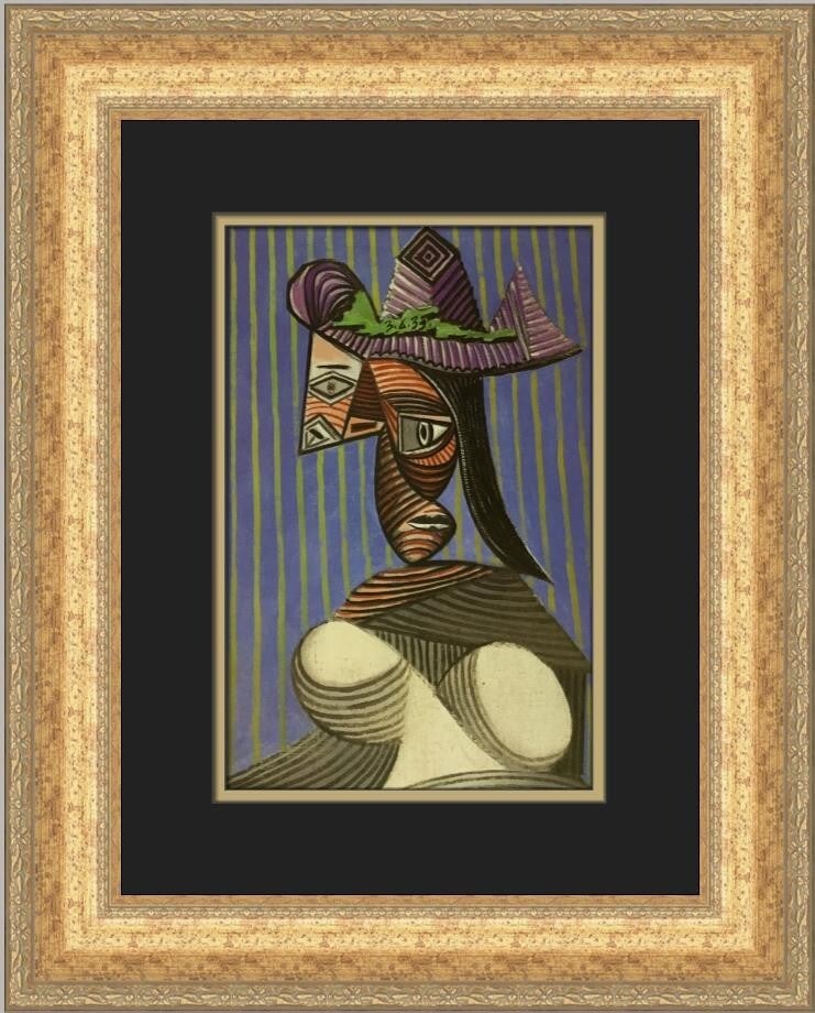 Pablo Picasso Woman Wearing A Striped Hat Custom Framed Print 1996: Pablo Picasso Woman Wearing A Striped Hat Custom Framed Print 1996 This stunning custom framed print features the artwork "Woman Wearing A Striped Hat" by Pablo Picasso, capturing the essence of Abstr
