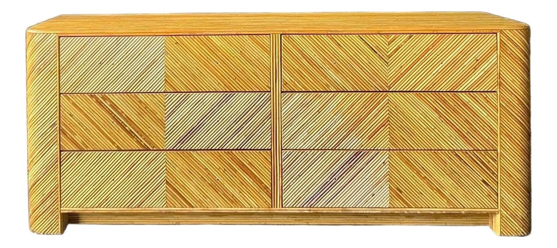 Mid-Century Modern Chevron Pencil Reed Dresser in Honey Rattan: Mid-Century Modern Chevron Pencil Reed Dresser in Honey Rattan This Vintage Boho Chevron Pencil Reed Dresser is a stunning example of Mid-Century Modern design, showcasing the beauty of natural pencil