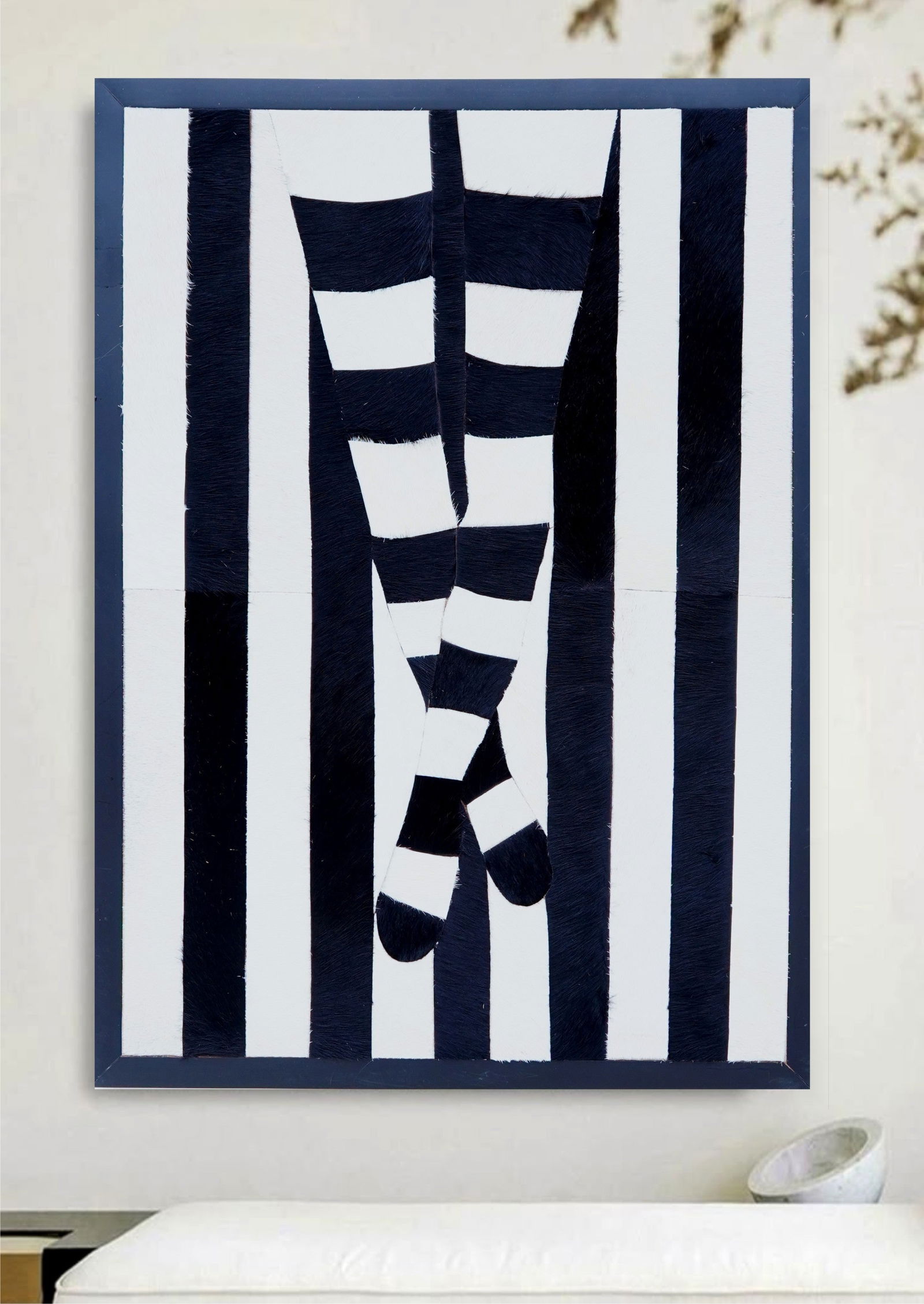 Monochrome Abstract Cowhide Mosaic Wall Art Striped Legs Design 12x12: Monochrome Abstract Cowhide Mosaic Wall Art Striped Legs Design 12x12 Free continental US Shipping This handcrafted wall art features a striking abstract composition of striped legs, expertly assemble