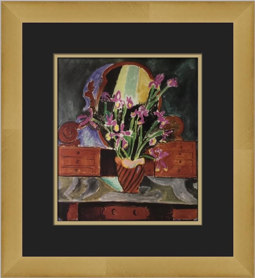 Henri Matisse Vase of Irises Custom Framed Impressionist Print: Henri Matisse Vase of Irises Custom Framed Impressionist Print Elevate your space with this stunning custom framed print of Henri Matisse's "Vase of Irises." This medium-sized artwork measures 15 in.
