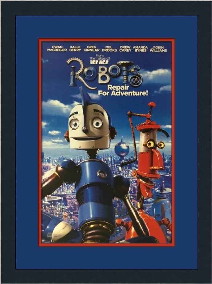 Robots Custom Framed Mini Movie Poster 20 x 16 with Blue and Red Matting: Robots Custom Framed Mini Movie Poster 20 x 16 with Blue and Red Matting This custom framed mini movie poster features the beloved animated film "Robots" released between 2000 and now. The poster is a