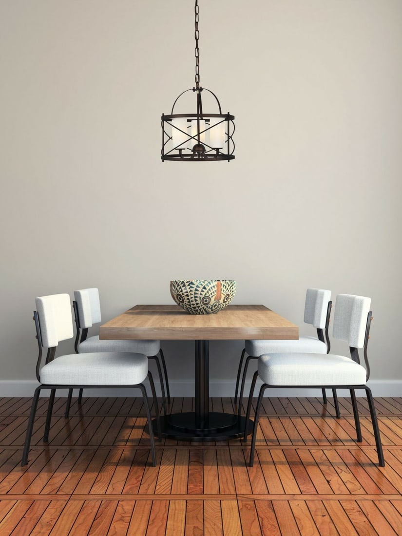 Wren Modern Pendant Light 3 Bulb Dark Copper Brown Iron and Glass Fixture: Wren Modern Pendant Light 3 Bulb Dark Copper Brown Iron and Glass Fixture This modern pendant chandelier features a dark copper brown metal frame with white glass shades, designed to complement a vari