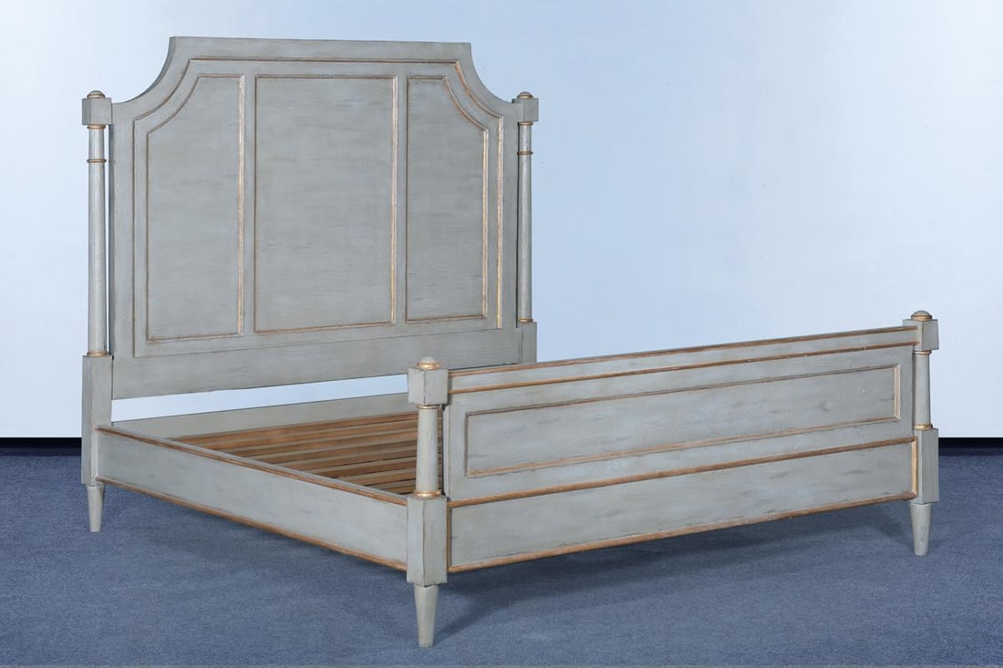 Grayson Pewter Gray King Bed Solid Wood Gold Accents Renaissance Revival: Grayson Pewter Gray King Bed Solid Wood Gold Accents Renaissance Revival Discover the Elegant Grayson Pewter Gray King Size Bed, a stunning addition to your bedroom that combines style and comfort. Th