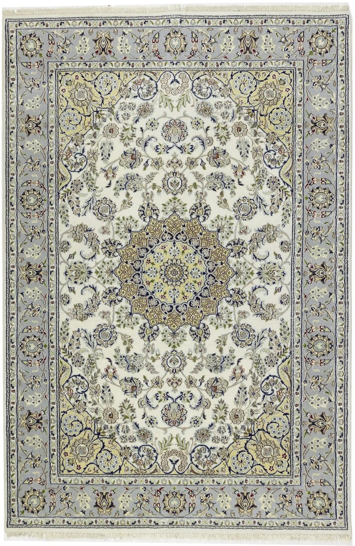 Hand-Knotted Cream Floral Wool Silk Rug 6'1 x 9'1 Modern Design: Hand-Knotted Cream Floral Wool Silk Rug 6'1 x 9'1 Modern Design Enhance your living space with this exquisite hand-knotted cream Indo-Nain wool oriental rug, measuring 6'1" x 9'1". This beautiful area