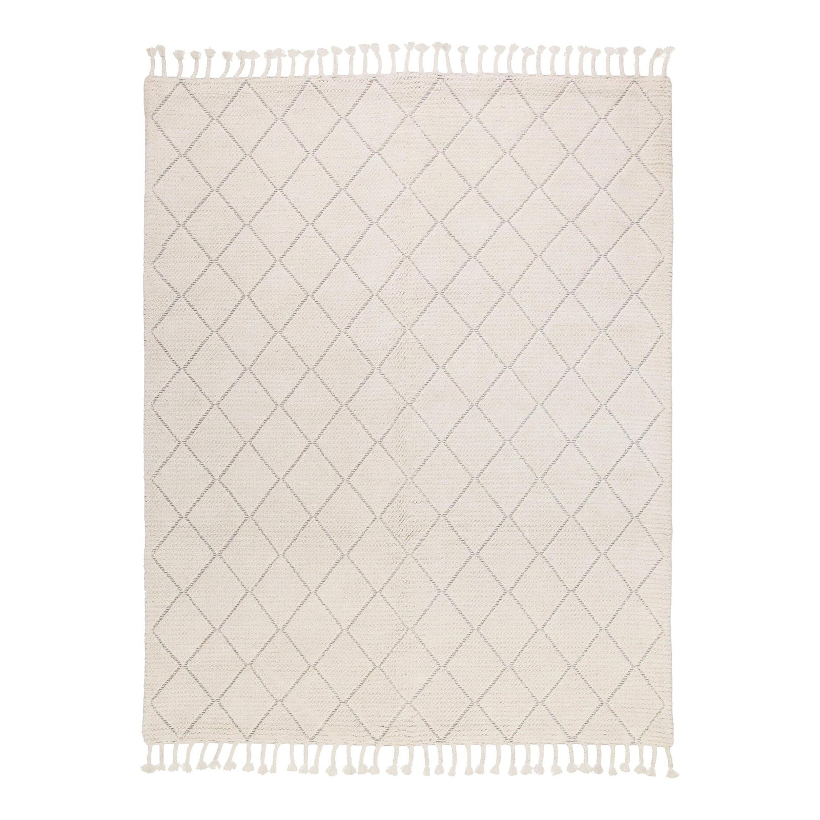 Contemporary Ivory Wool Rug 8' x 10' Geometric Tribal Design: Contemporary Ivory Wool Rug 8' x 10' Geometric Tribal Design Enhance your living space with this modern Moroccan-style wool rug, showcasing a stunning allover geometric pattern and elegant fringes. Th