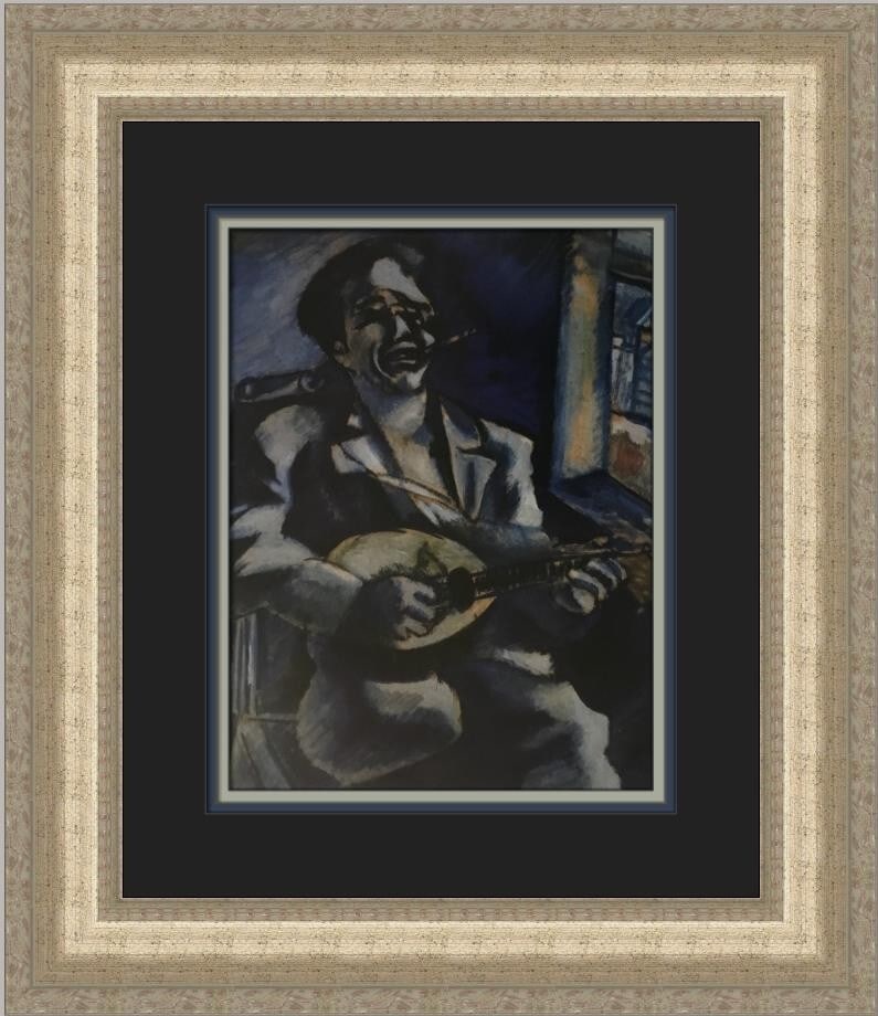 Marc Chagall Portrait of David with Mandolin Custom Framed Art Print: Marc Chagall Portrait of David with Mandolin Custom Framed Art Print This stunning custom framed print features Marc Chagall's "Portrait of David with a Mandolin," created in 1988. This medium-sized a