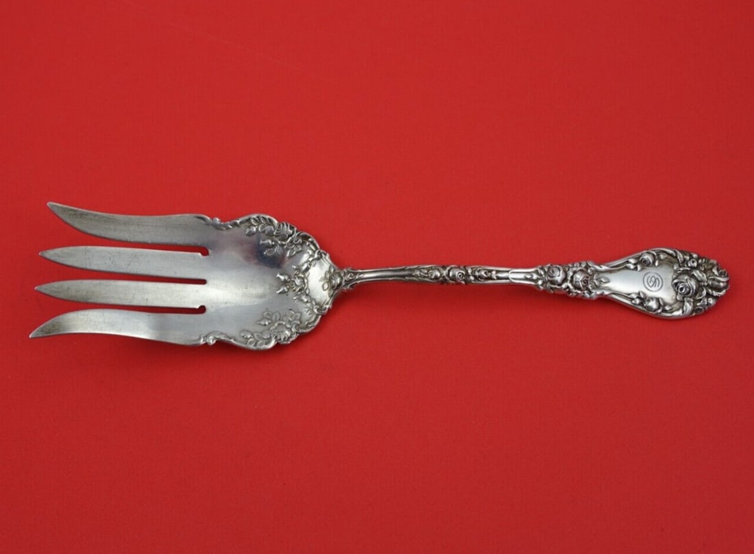 Durgin Marechal Niel Sterling Silver Salad Serving Fork 9 1/8" Monogrammed: Durgin Marechal Niel Sterling Silver Salad Serving Fork 9 1/8" Monogrammed This exquisite salad serving fork from the Marechal Niel pattern, crafted by Durgin, showcases the elegance of sterling silve