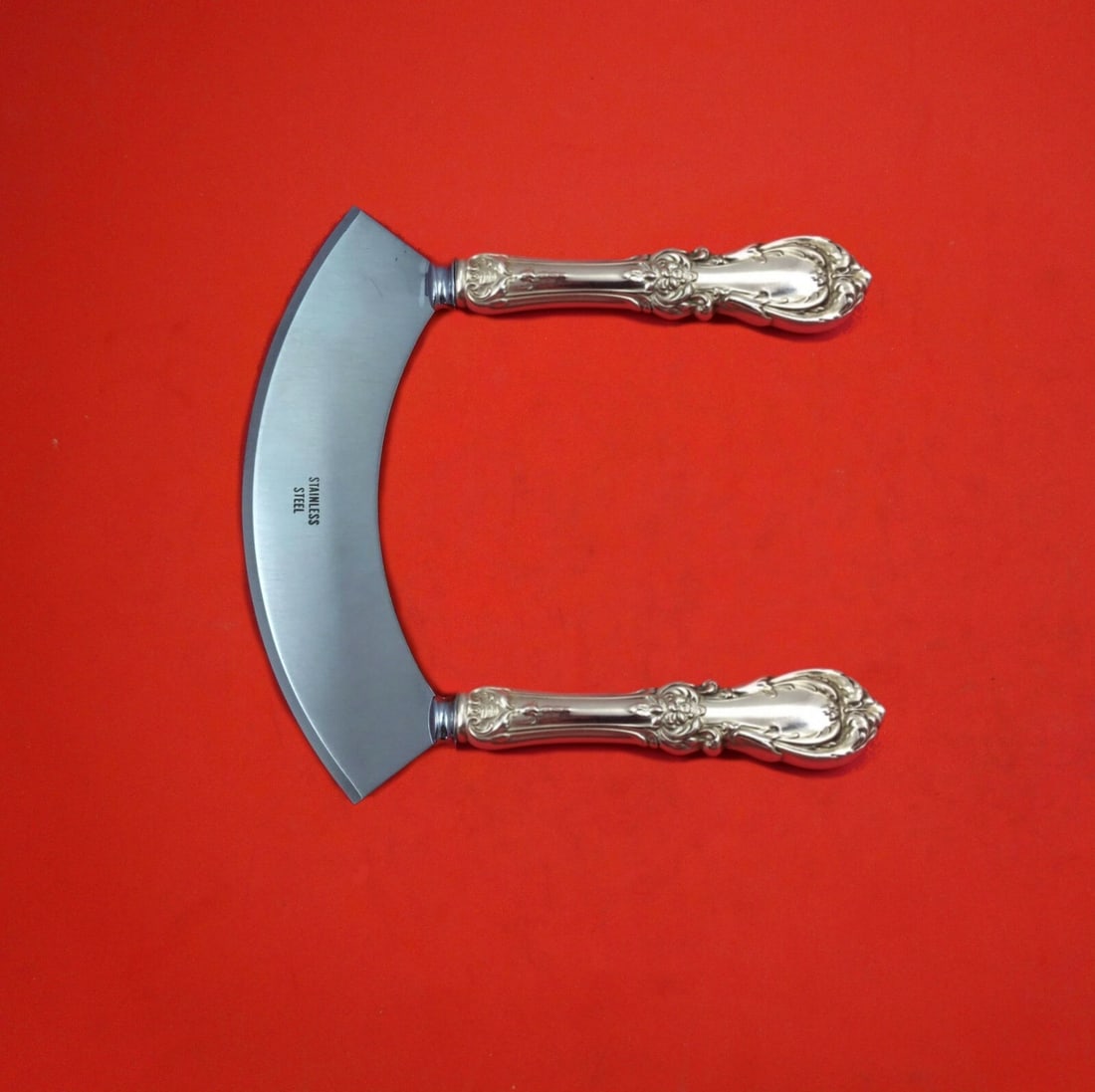 Burgundy Reed and Barton Sterling Silver Mezzaluna Knife Custom Made 6 1/4 Inch: Burgundy Reed and Barton Sterling Silver Mezzaluna Knife Custom Made 6 1/4 Inch Introducing the Burgundy Mezzaluna Knife by Reed and Barton, a beautifully crafted kitchen tool made from sterling silve