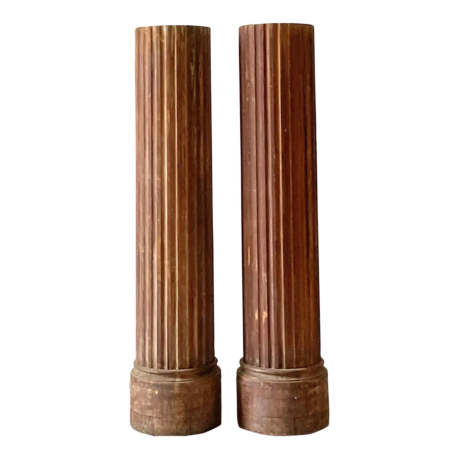 Pair of Vintage Boho Wood Columns with Patina 36in: Pair of Vintage Boho Wood Columns with Patina 36in Enhance your living space with this stunning pair of Vintage Boho Patinated Primitive Wood Columns. Featuring a rich patina, these columns exude rust