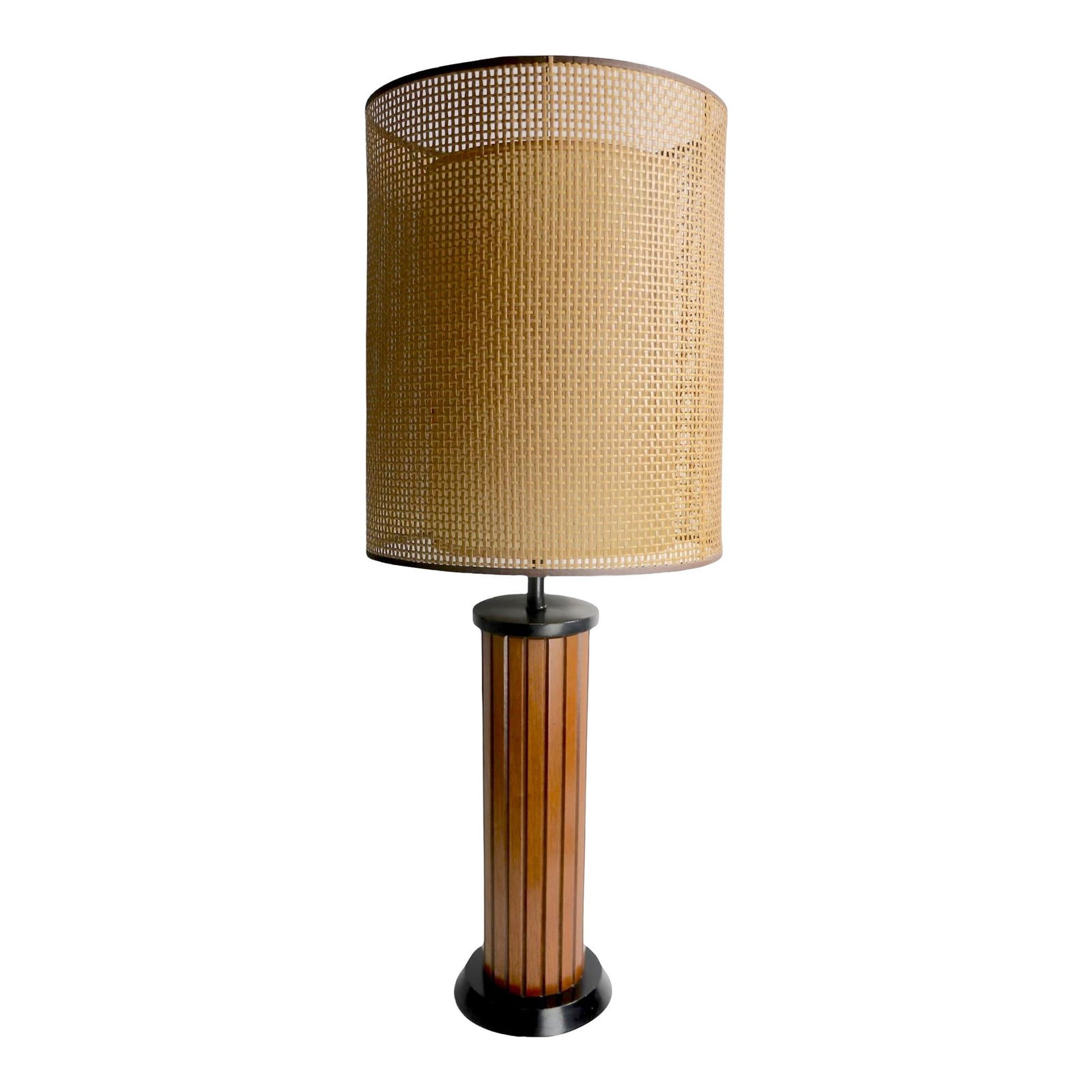 1960s Gruvwood Table Lamp with Original Woven Shade: 1960s Gruvwood Table Lamp with Original Woven Shade This stunning Mid Century Gruvwood Table Lamp, dating back to the early 1960s, showcases an elegant architectural style and is a fine example of the