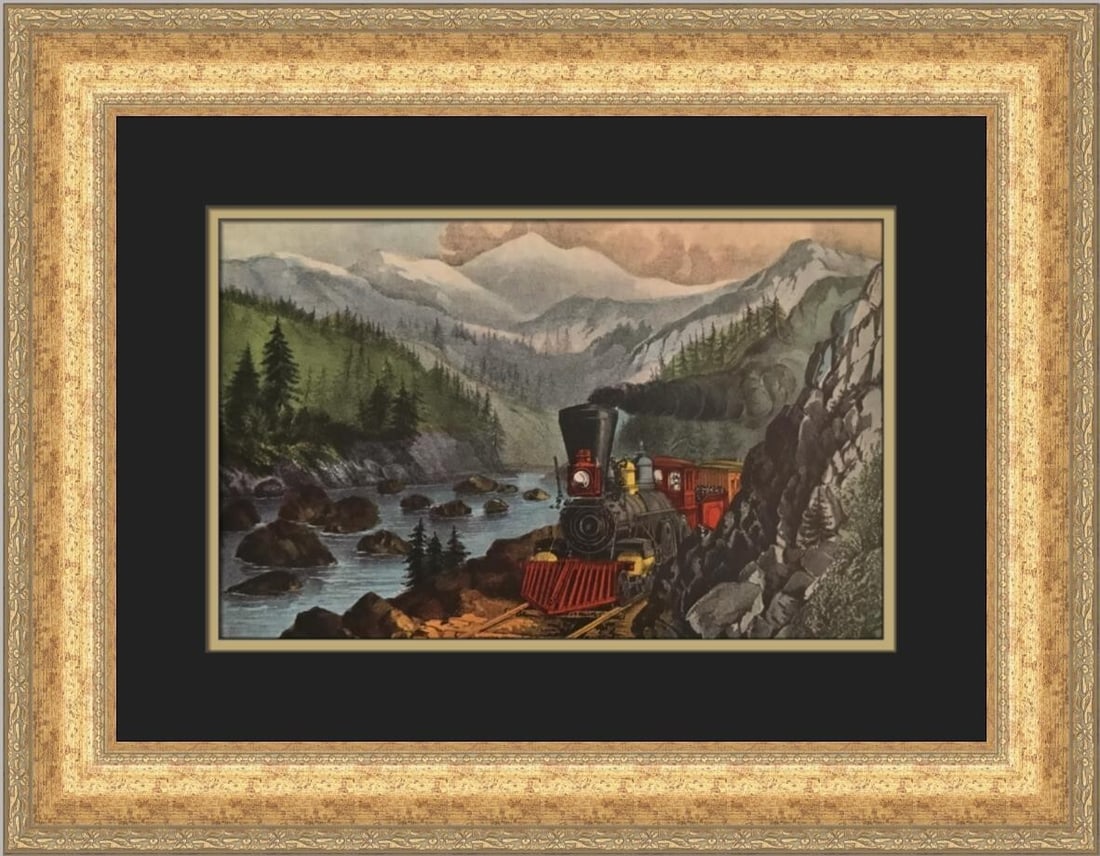 Currier & Ives The Route to California Framed Print 18x22: Currier & Ives The Route to California Framed Print 18x22 This exquisite custom framed print titled 'The Route to California-Truckee River' by Currier & Ives captures the romanticism of steam engine t
