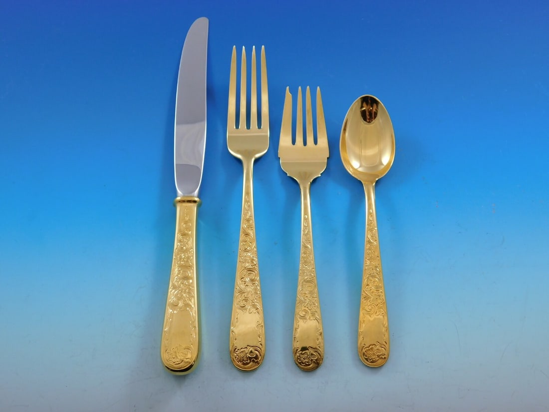 Kirk Old Maryland Engraved Gold Vermeil Sterling Silver Flatware Set of 32 with Caddy: Kirk Old Maryland Engraved Gold Vermeil Sterling Silver Flatware Set of 32 with Caddy Elevate your dining experience with this exquisite Old Maryland Engraved Gold by Kirk sterling silver flatware set