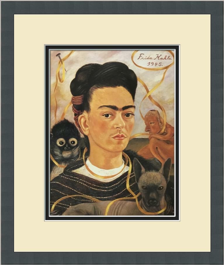 Frida Kahlo Self Portrait with Small Monkey Custom Framed Art Print: Frida Kahlo Self Portrait with Small Monkey Custom Framed Art Print This stunning print features Frida Kahlo's iconic artwork, 'Self-Portrait with Small Monkey,' meticulously custom framed for a refin
