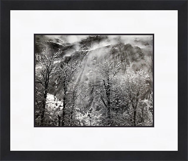 Ansel Adams Trees and Cliffs Winter Eagle Peak Framed Art Print: Ansel Adams Trees and Cliffs Winter Eagle Peak Framed Art Print This stunning custom framed print by renowned artist Ansel Adams features the captivating scene of "Trees and Cliffs Winter Eagle Peak Y