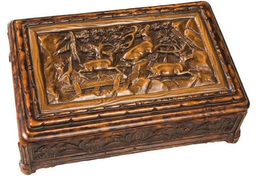Lodge Style Hand-Cast Resin Box with Deer Design: Lodge Style Hand-Cast Resin Box with Deer Design This item is made at time of order. Please allow 42 to 70 days for production. This Lodge Style Resin Box features a charming design with three deer le