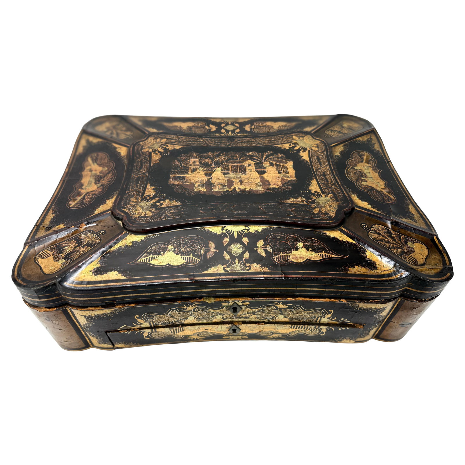 Large Chinese Export Black Lacquer Sewing Box with Gilt Decoration C. 1860: Large Chinese Export Black Lacquer Sewing Box with Gilt Decoration C. 1860 This large Chinese Export sewing box, dating to around 1860, is a remarkable example of mid-19th century craftsmanship. Const