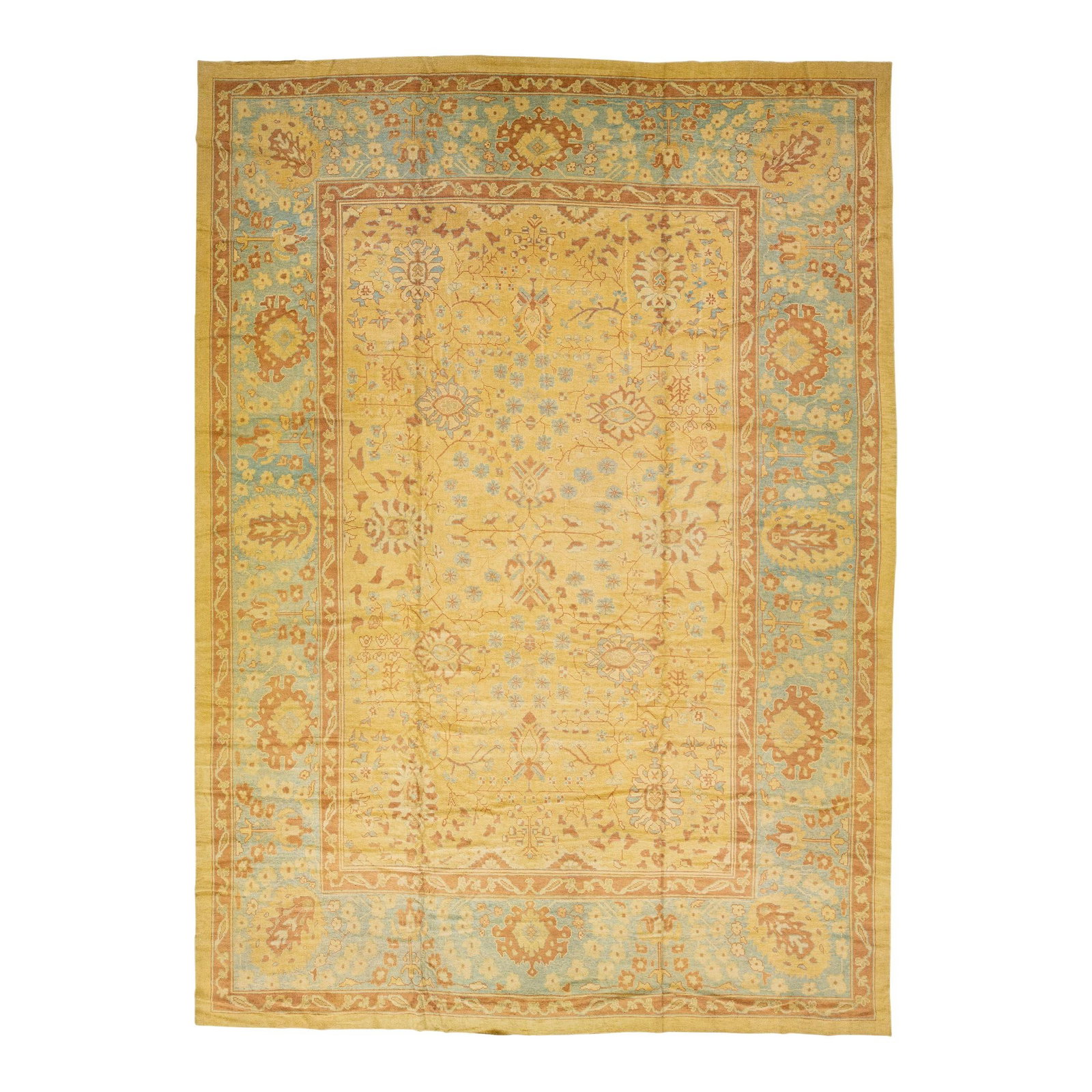 Modern Turkish Oushak Wool Rug Goldenrod Floral Design 14'6 x 20'2: Modern Turkish Oushak Wool Rug Goldenrod Floral Design 14'6 x 20'2 Elevate your living space with this stunning Modern Turkish hand-knotted wool rug, featuring a vibrant goldenrod color field. The int