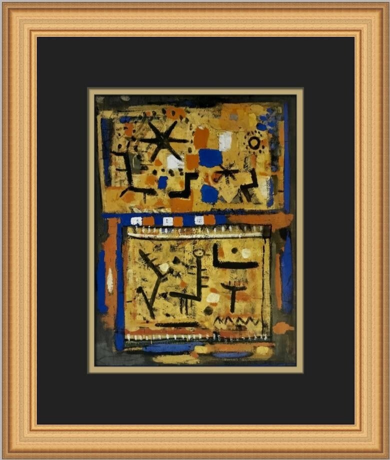 Roger Bissiere Yellow and Gray Abstract Expressionism Print Framed 1988: Roger Bissiere Yellow and Gray Abstract Expressionism Print Framed 1988 This stunning custom framed print, titled 'Yellow and Gray,' is an exquisite work by artist Roger Bissiere, created in 1988. The