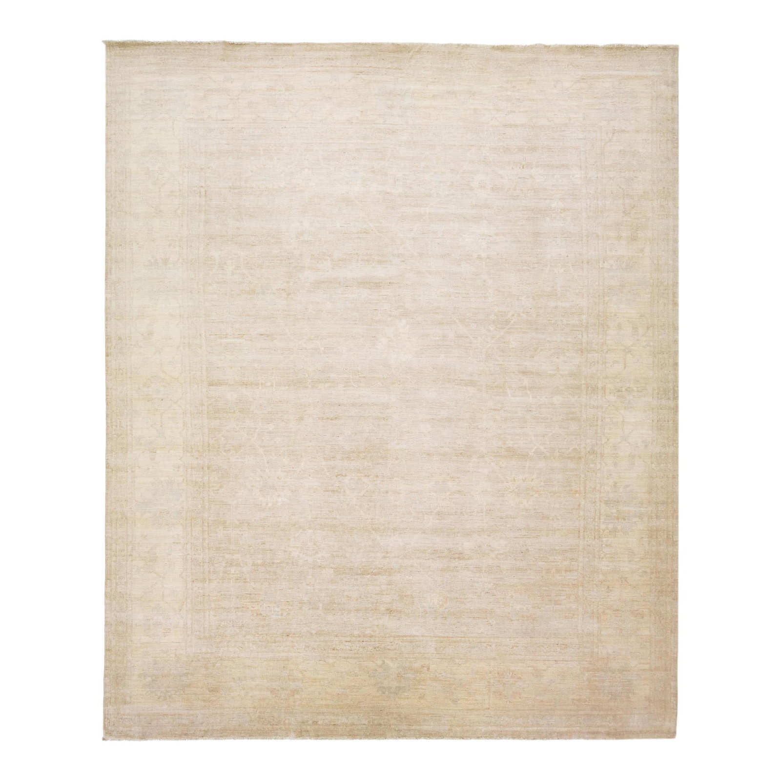 Elegant Beige Handmade Floral Wool Oushak Rug 12' x 14'4": Elegant Beige Handmade Floral Wool Oushak Rug 12' x 14'4" Enhance your space with this stunning modern Oushak hand-knotted wool rug, featuring a soft beige color field adorned with elegant gray accent