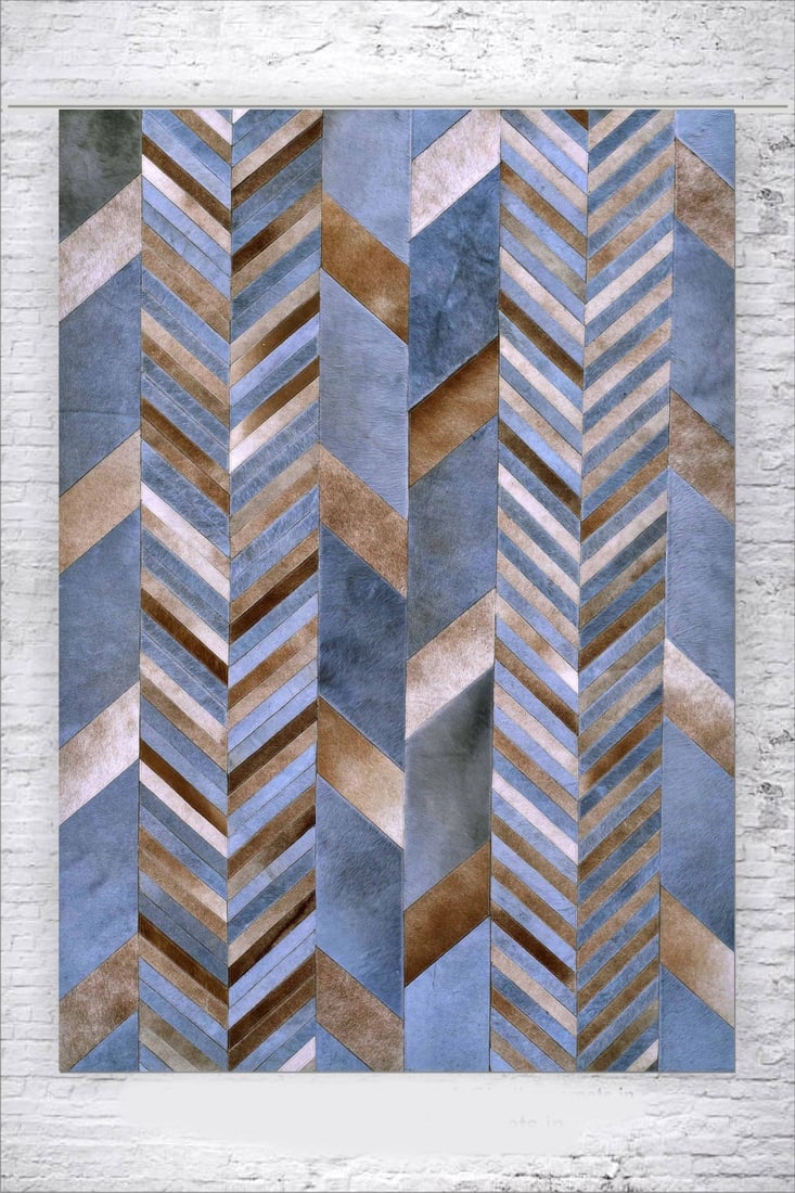 Modern Blue Tan Chevron Patchwork Cowhide Leather Rug 3FT x 5FT: Modern Blue Tan Chevron Patchwork Cowhide Leather Rug 3FT x 5FT Free continental US Shipping Elevate your space with this modern abstract chevron patchwork carpet, expertly handcrafted from premium co