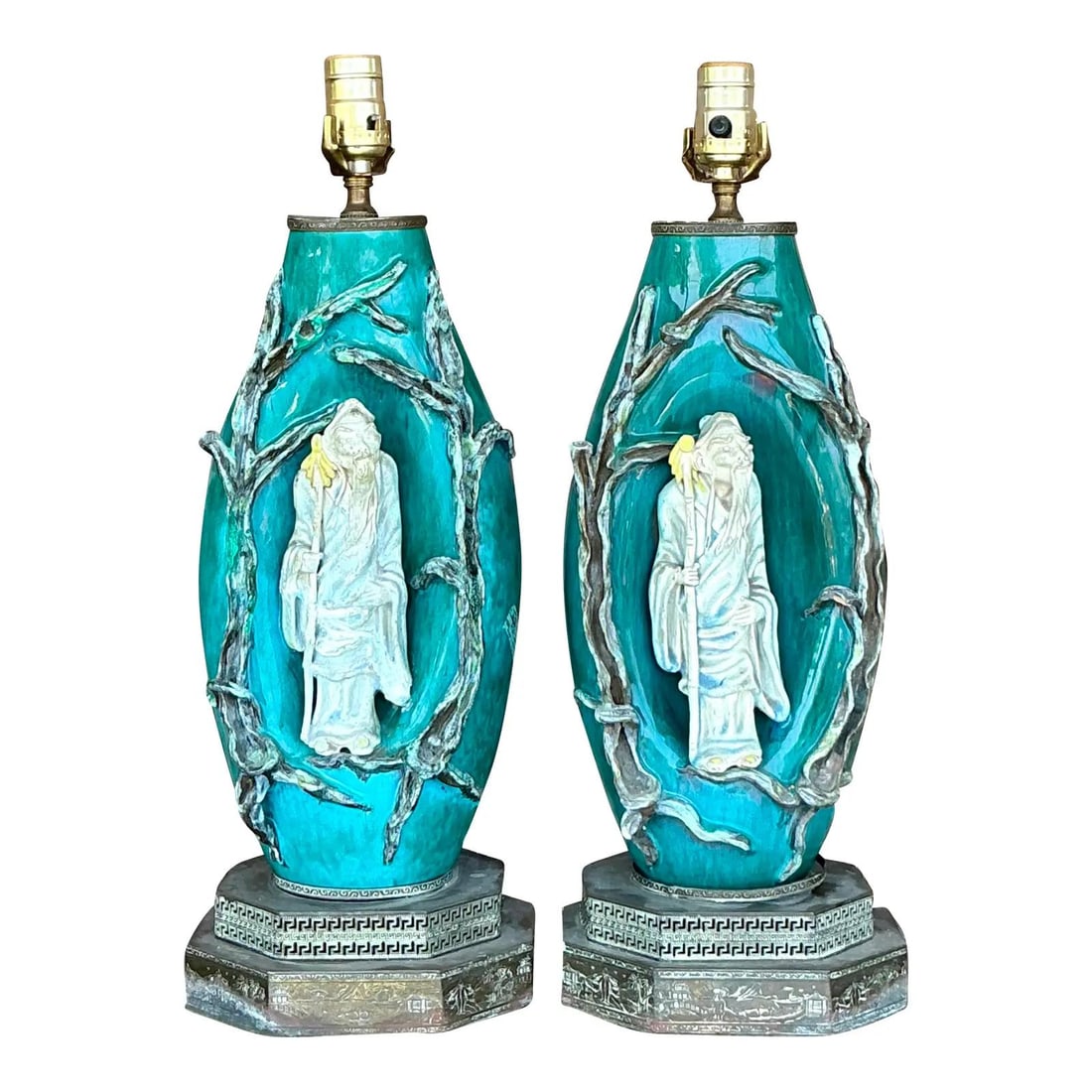 Marcello Fantoni Vintage Teal Ceramic Character Lamps - Pair: Marcello Fantoni Vintage Teal Ceramic Character Lamps - Pair Enhance your living space with this stunning pair of vintage Italian lamps by Marcello Fantoni. These remarkable ceramic lamps are beautifu