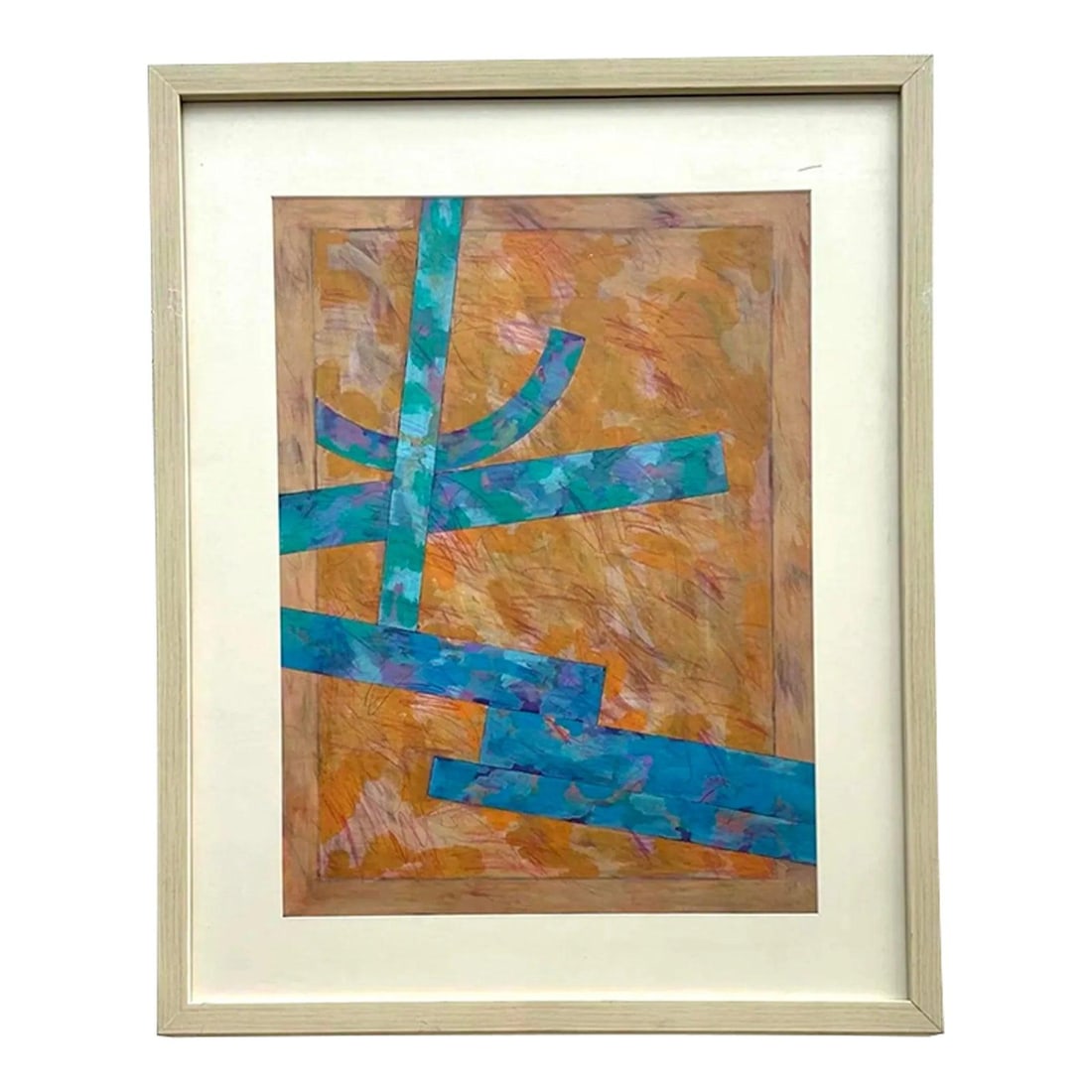 Framed Abstract Bohemian Mixed Media Artwork on Paper: Framed Abstract Bohemian Mixed Media Artwork on Paper This vintage boho abstract mixed media artwork on paper features cool blues and turquoise intersecting lines set against a warm, textured backgrou