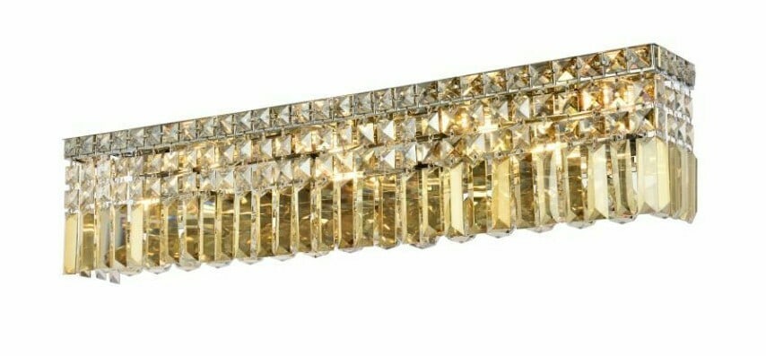 Maxime 6-Light Chrome Wall Sconce with Golden Teak Royal Cut Crystals 30 Inch: Maxime 6-Light Chrome Wall Sconce with Golden Teak Royal Cut Crystals 30 Inch This modern wall sconce features a polished chrome frame adorned with both clear and golden teak royal cut crystals. Desig