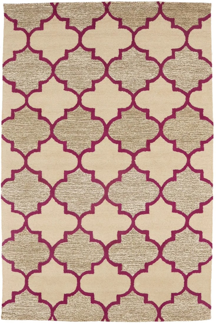 Modern 5x8 Wool Rug Hand-Tufted Floral Pattern in Cream Fuchsia and Brown: Modern 5x8 Wool Rug Hand-Tufted Floral Pattern in Cream Fuchsia and Brown This hand-tufted area rug features a modern trellis pattern in multicolored hues, including cream and fuchsia. Crafted from wo