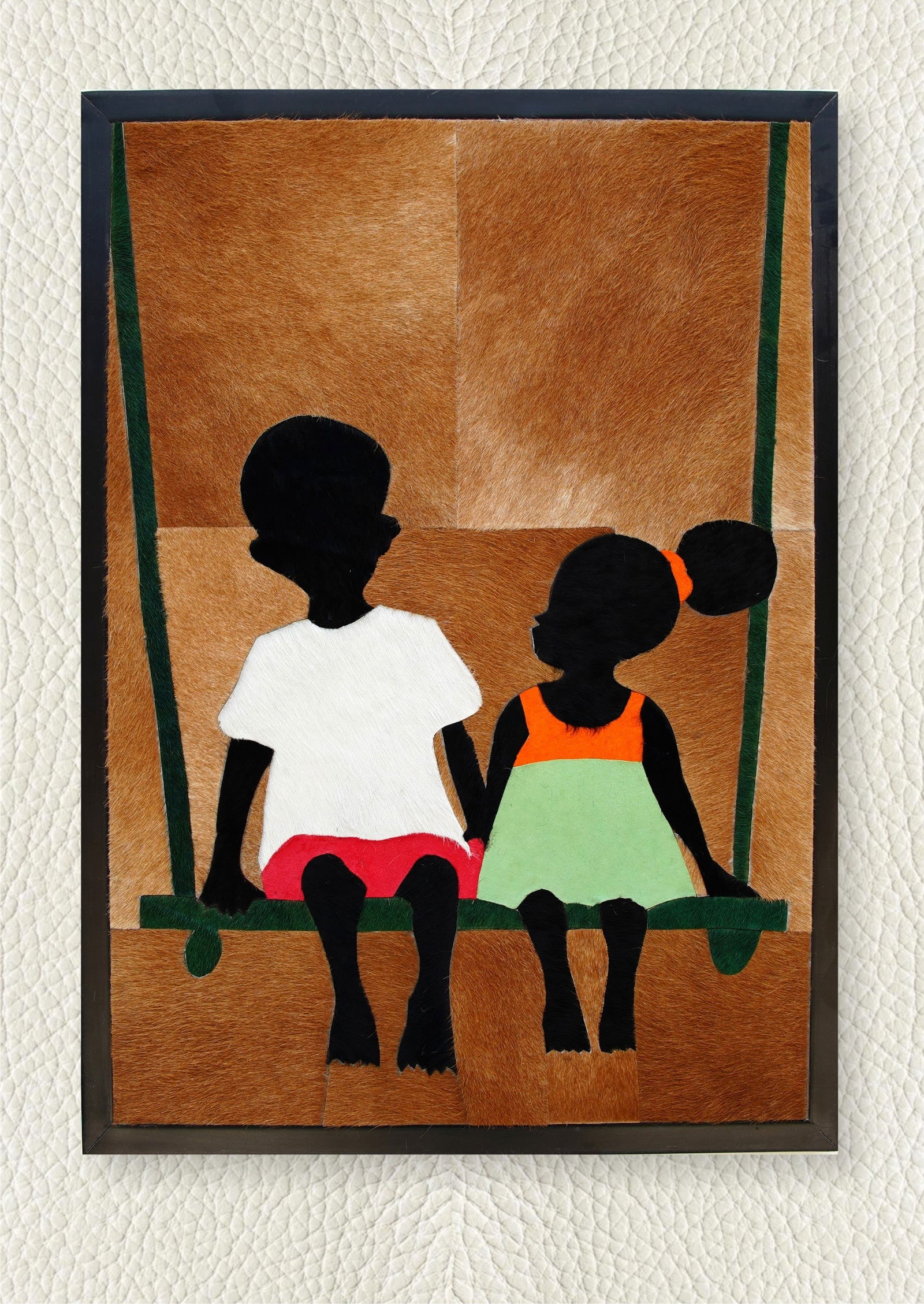 Handcrafted Cowhide Mosaic Wall Art Children on a Swing Multi Color 12in x 12in: Handcrafted Cowhide Mosaic Wall Art Children on a Swing Multi Color 12in x 12in Free continental US Shipping This handcrafted wall art features a mosaic design of children on a swing, meticulously ass