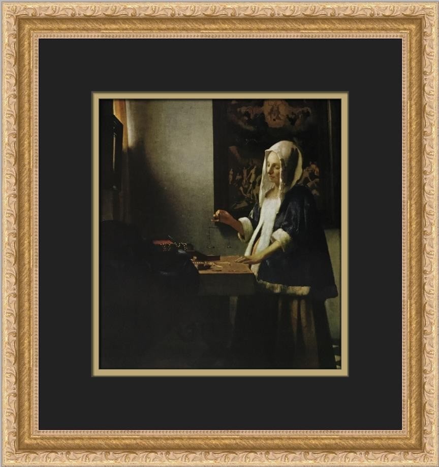 Johannes Vermeer A Lady Weighing Gold Custom Framed Print 15 x 14 Portrait: Johannes Vermeer A Lady Weighing Gold Custom Framed Print 15 x 14 Portrait This custom framed print features Johannes Vermeer's renowned artwork, "A Lady Weighing Gold." The print captures the essence