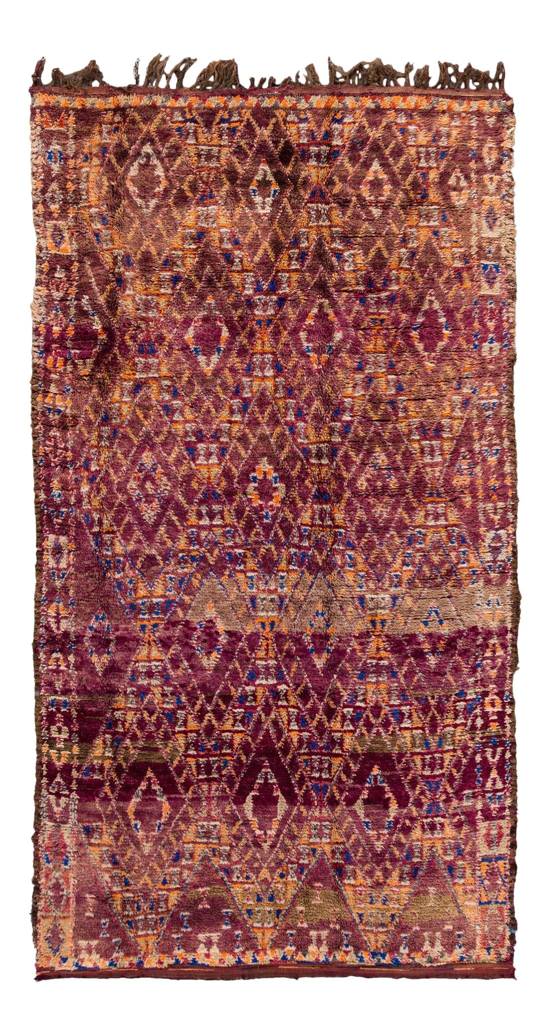 Vintage Eggplant Purple Geometric Moroccan Wool Rug 5.07x11: Vintage Eggplant Purple Geometric Moroccan Wool Rug 5.07x11 Discover the charm of this Mid-20th Vintage Moroccan rug, featuring a stunning eggplant-purple field adorned with a geometric pattern of int