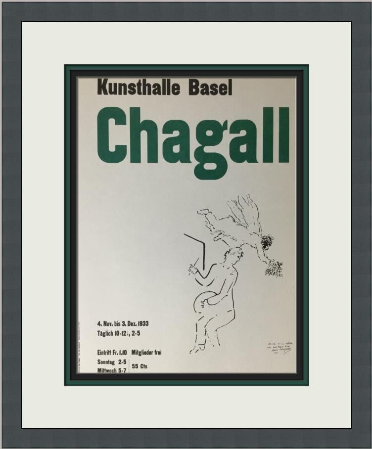 Marc Chagall Kunsthalle Basel Framed Lithograph Art Print 1975: Marc Chagall Kunsthalle Basel Framed Lithograph Art Print 1975 This stunning print by Marc Chagall, titled "Kunsthalle Basel," showcases the artist's unique blend of Cubism, Expressionism, and Impress