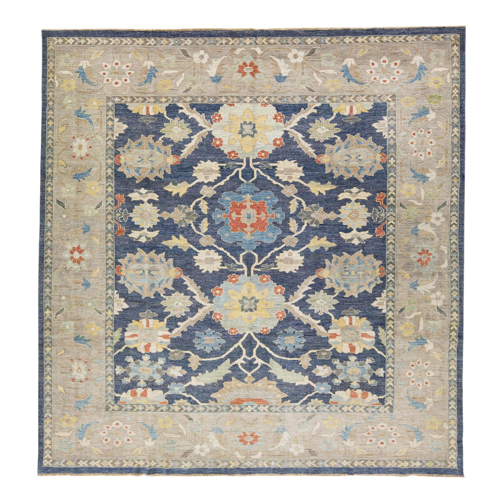 Navy Blue Handmade Floral Design Wool Rug 11'2 x 11'6 Sultanabad: Navy Blue Handmade Floral Design Wool Rug 11'2 x 11'6 Sultanabad Enhance your space with this exquisite Navy Blue Modern Sultanabad Handmade Floral Design Wool Rug. Featuring a luxurious hand-knotted