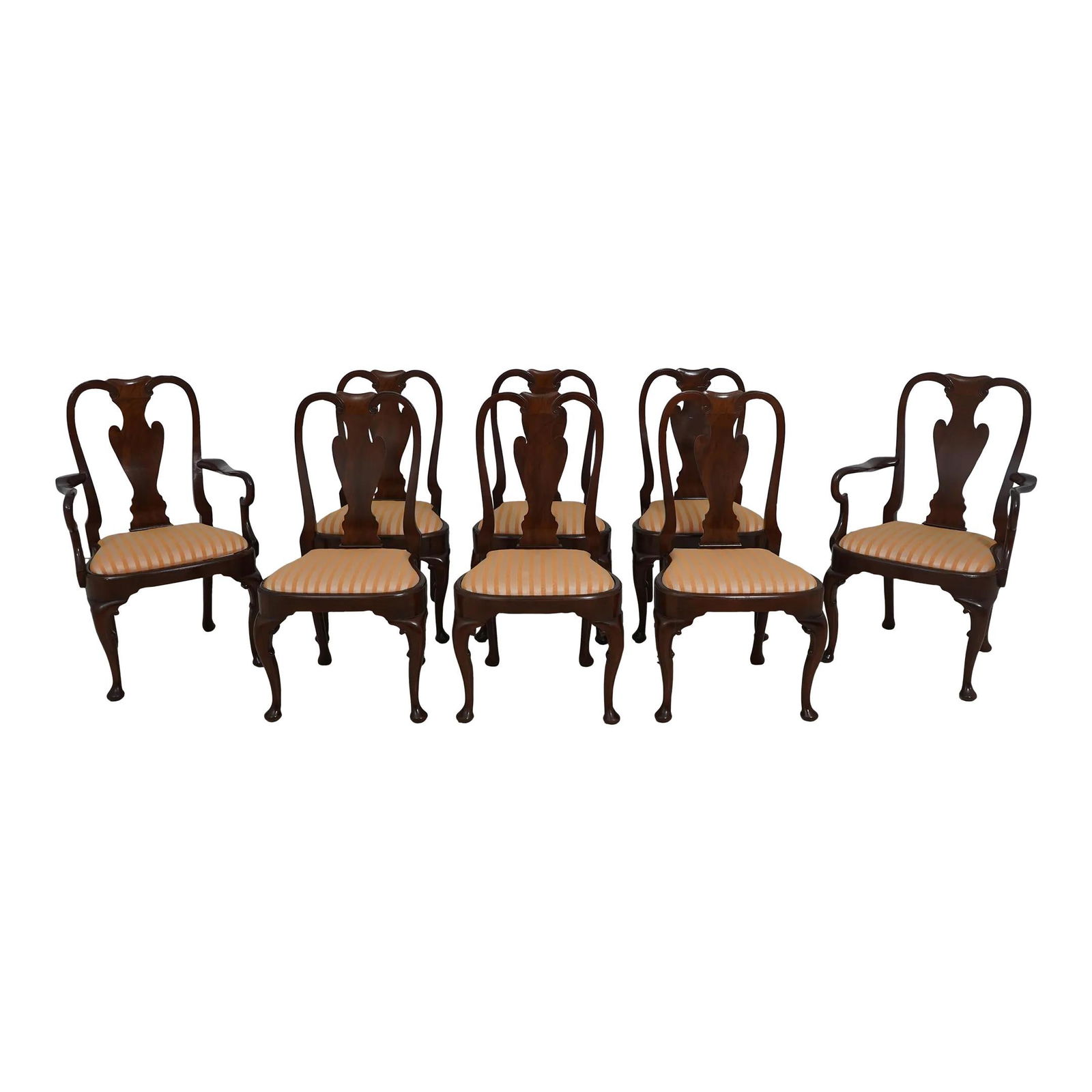 Set of 8 George III Walnut Dining Chairs with Queen Anne Legs: Set of 8 George III Walnut Dining Chairs with Queen Anne Legs This exquisite set of 8 George III walnut dining room chairs showcases impeccable craftsmanship and timeless elegance. Crafted from solid