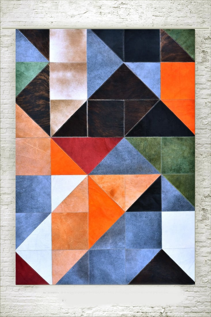 Multicolor Geometric Mosaic Patchwork Cowhide Leather Rug Handcrafted 3FT x 5FT: Multicolor Geometric Mosaic Patchwork Cowhide Leather Rug Handcrafted 3FT x 5FT Free continental US Shipping This handcrafted rug features a vibrant geometric mosaic design made from 100% genuine hair