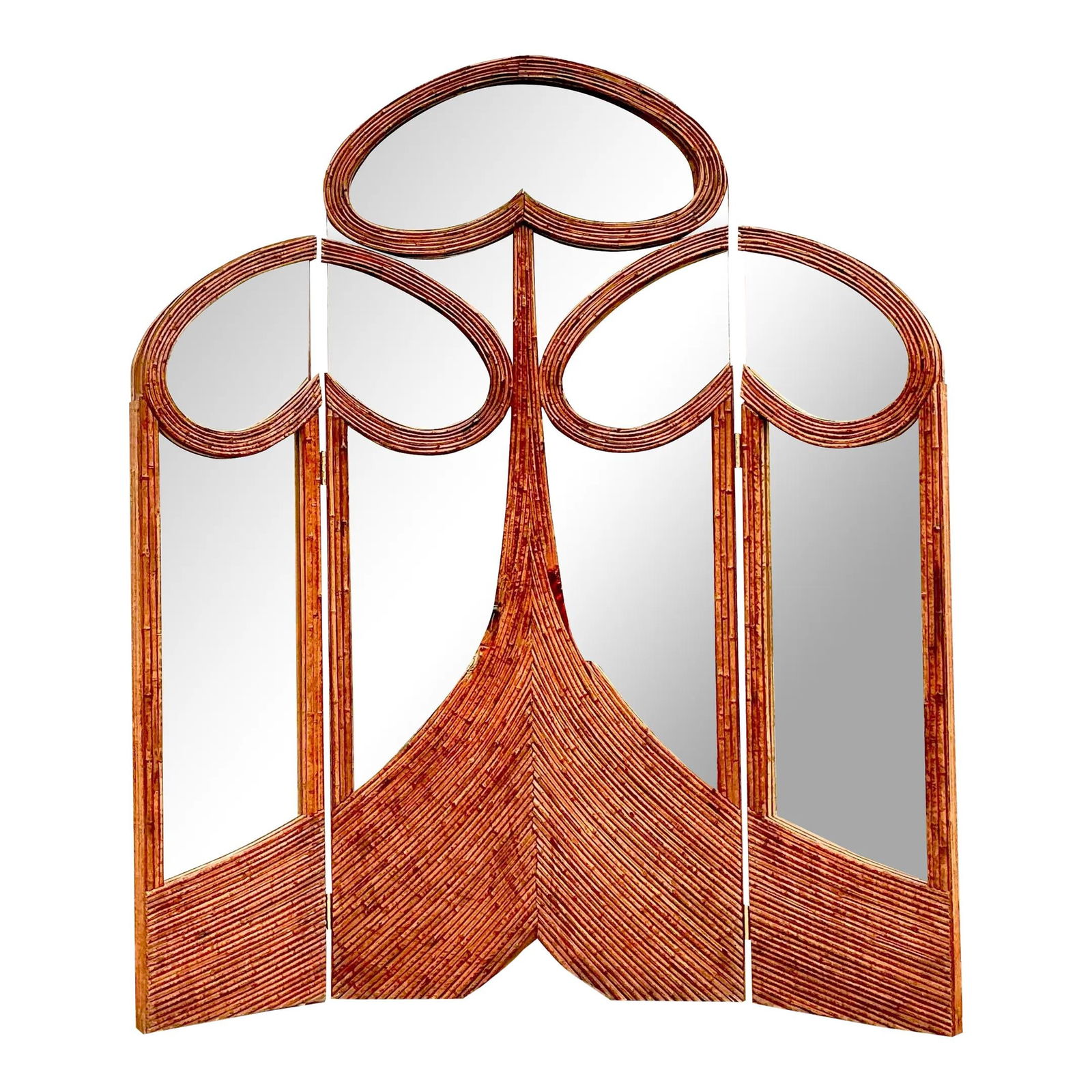 Vintage Art Nouveau Reed Folding Screen with Mirrored Panels 73" W: Vintage Art Nouveau Reed Folding Screen with Mirrored Panels 73" W Make a bold statement with this Vintage Art Nouveau Monumental Reed Folding Screen, a stunning example of craftsmanship and artistic